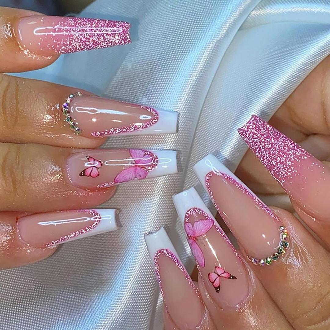 Press on Nails Coffin with Butterfly Designs, 24Pcs Artificial Long Pink Fake Nails with Glue, Full Cover Glossy Acrylic Butterflies False Nails, Stick on Fingernails for Women (Z669)