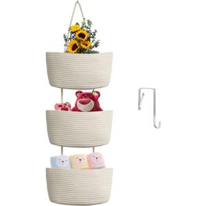 TeoKJ Over the Door Hanging Baskets, 3-Tier Woven Cotton Storage Organizer Bag with Hooks Wall-Mounted Decorative Nursery Kitchen Baskets - White