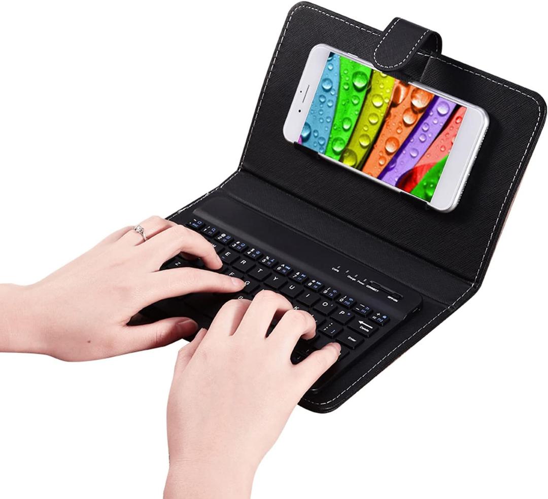 Watris Veiyi Wireless Keyboard with Leather Case - Bluetooth Cell Phone Keyboard Case, Flip Cover with Stand for iOS Android