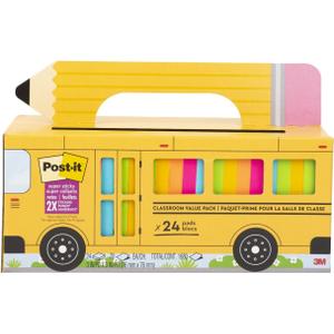 Post-it Super Sticky Notes Value Pack, 24 Pads, Convenient School Bus Carry and Storage Case, 2X The Sticking Power, 3x3 in, Bright Colors (Orange, Pink, Blue, Green, Yellow), Recyclable (654-24SSBUS)