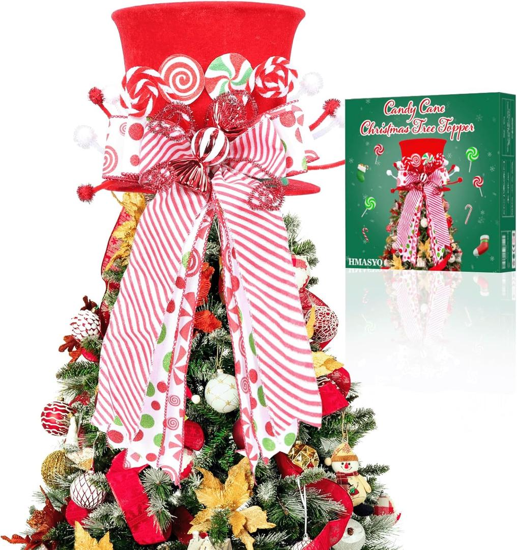 HMASYO Candy Cane Christmas Tree Topper, Velvet Red Tree Topper Hat with Candy Peppermint Bows Ribbon Ornament, Top Hat Christmas Tree Topper for Home Office Holiday Tree Decoration Xmas Gift