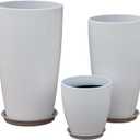 24,21,11 Inch Large Plastic Planters with Drainage Hole and Saucer - Set of 3 Tall Plant Pots Indoor Flower Pot Tall Round Planters Outdoor Large Tall Planter (White)