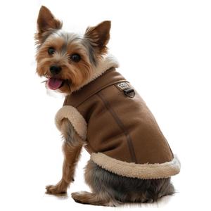 Retro Aviator Dog Jackets Faux Leather Winter Coats with Sherpa Fleece Lining for Dogs, Warm Windproof Pilot Style Doggy Clothing for Small, Medium Puppy, Pet Motorcycle Costume, Coffee, Size S