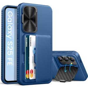 for Samsung Galaxy S25 FE Case with Card Holder, Built-in Stand & Camera Lens Cover, Shockproof Rugged Silicone Raised Edge Protective Wallet Phone Case for Samsung S25 FE 2025, Blue