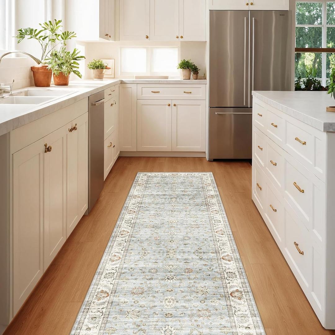 WITSHOCK 2x6 Runner Rugs for Kitchen, Machine Washable Non Slip Vintage Hallway Runner - Low Pile Lightweight Print Rug for Laundry Room Bedroom Beside Rug - Pet & Kids Friendly (Light Blue)
