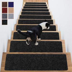 Carpet Stair Treads for Wooden Steps Non-Slip Indoor 16pcs 8x30inch Stair Treads Carpet Anti Slip for Dogs, Elders, Kids Stair Runners for Wooden Steps Stair Pads Mats Covers Pads, Black