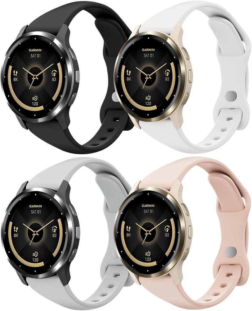 18mm Slim Silicone Watch Bands Compatible with Garmin Venu 3s/Venu 2s/Vivoactive 4s/Vivomove 3s/Forerunner 255s/Forerunner 265s, Quick Release Thin Soft Sport Strap for Women Men (4 Pack) (18mm for venu 3s/venu 2s/vivoactive 4s, Black/Sand Pink/White/Light Gray)