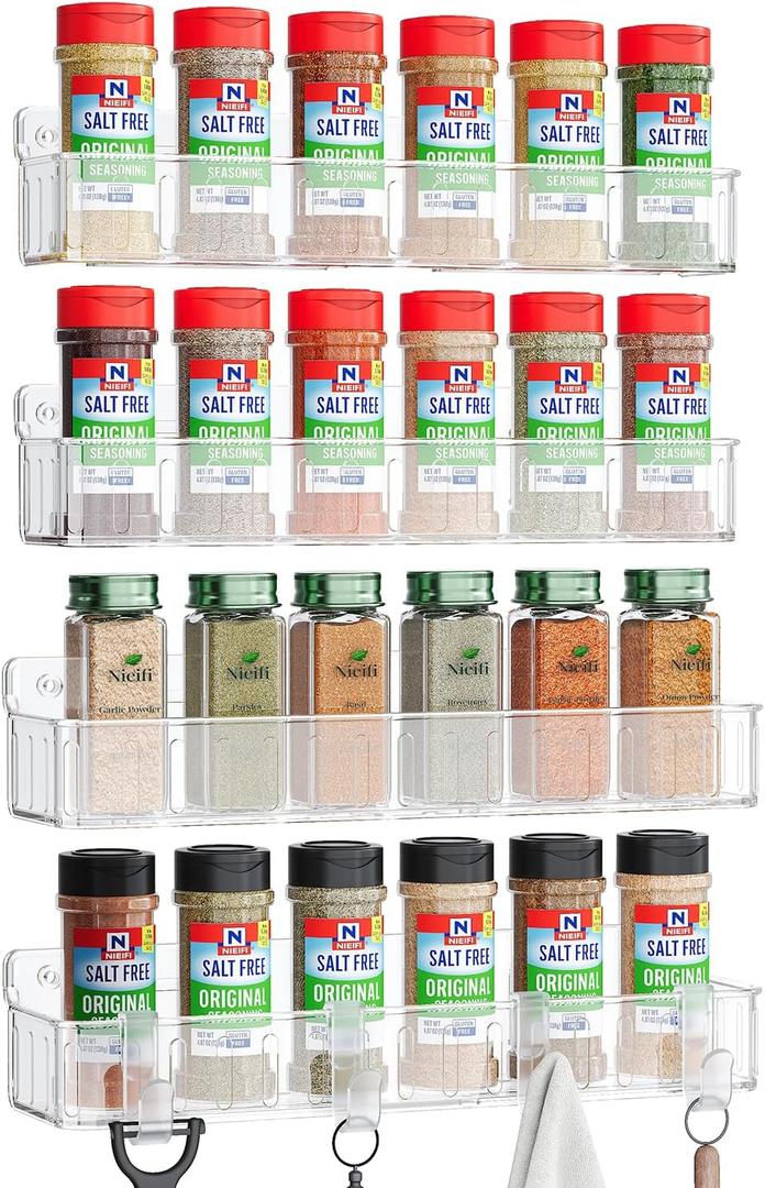 Nieifi Spice Rack Wall Mount, 4 Pack, Clear, Screw or Adhesive Installation, Spice Rack Organizer for Small Spice Jars, Suitable for Your Kitchen Cabinet or Pantry Door