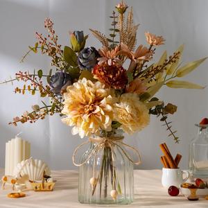 LESING Dahlia Flower Aritificial Flower with Vase Fake Silk Flowers in Glass Vase Faux Rose Flowers Arrangement for Home Office Table Centerpiece Decoration (Coffee)