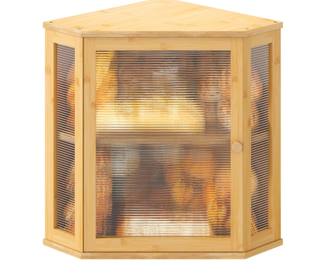 Corner Bread box for Kitchen Countertop,Farmhouse Bread Box with Acrylic Wavy Door Panel,Large Bread box for kitchen countertop,Food Storage Container (Natural, Extra Large)