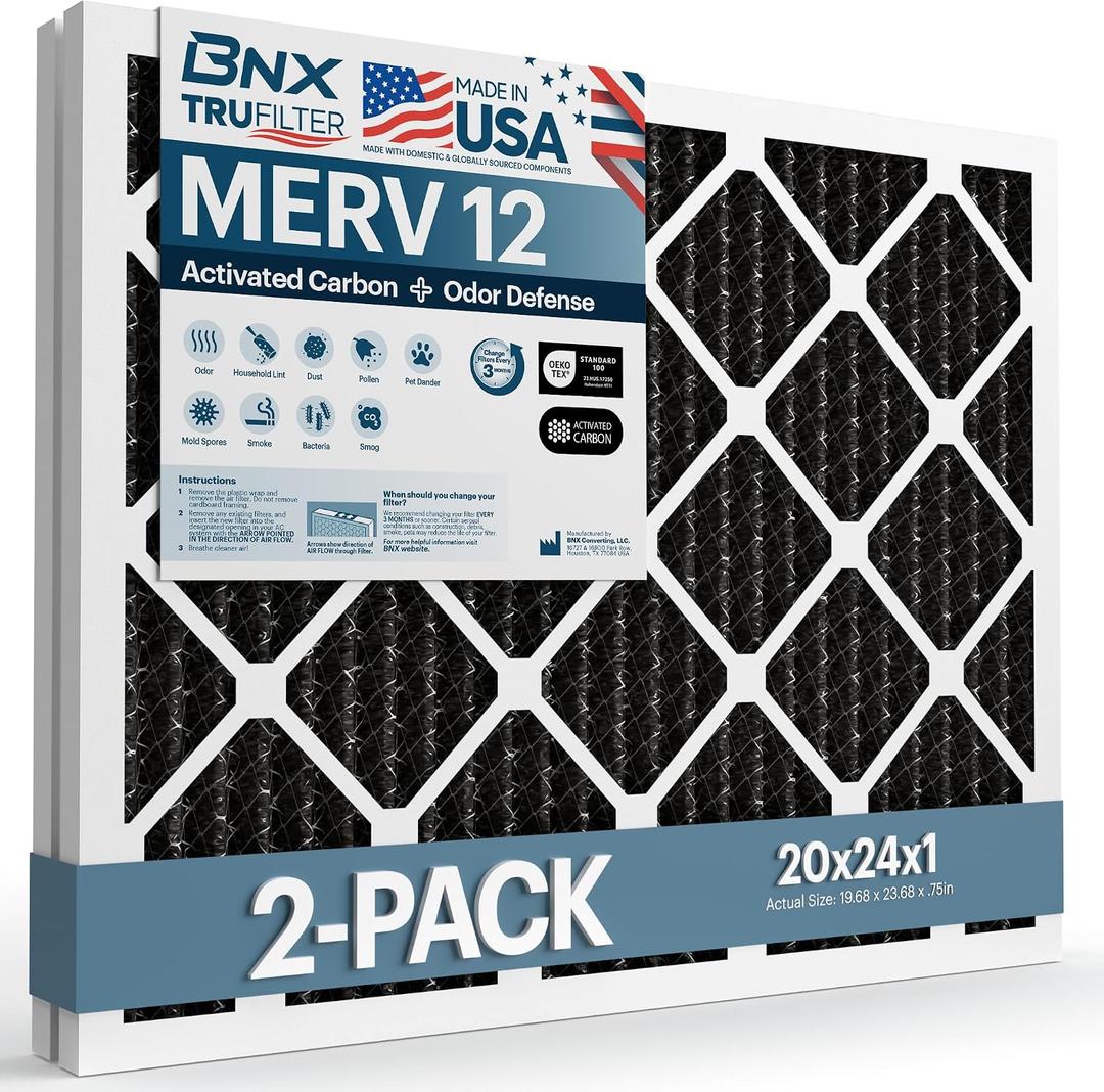 BNX TruFilter 20x24x1 MERV 12 Odor Defense (2-Pack) AC Furnace Air Filter with Activated Carbon - MADE IN USA - Pleated Air Conditioner HVAC AC Furnace Filters - Removes Odor, Mold, Bacteria, Smoke