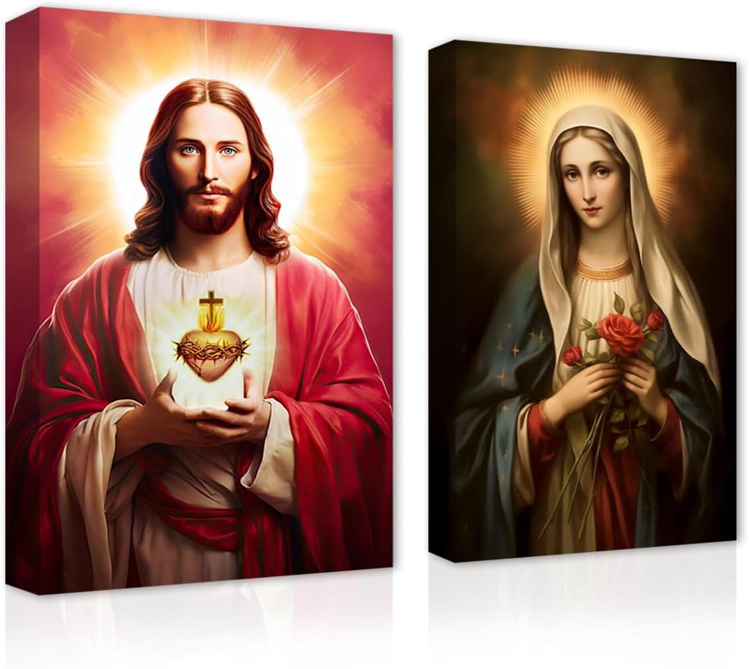 CXHOSTENT Christ Jesus And Virgin Mary Canvas Wall Art 2 Piece Sacred Heart Jesus And The Virgin Mary Paintings Prints God Poster for Church Decor (A, 16.00"x24.00"x2P)