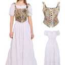 kasahara White Renaissance Dress Costume Women with Floral Overbust Corset Top Medieval Ren Faire Costume M