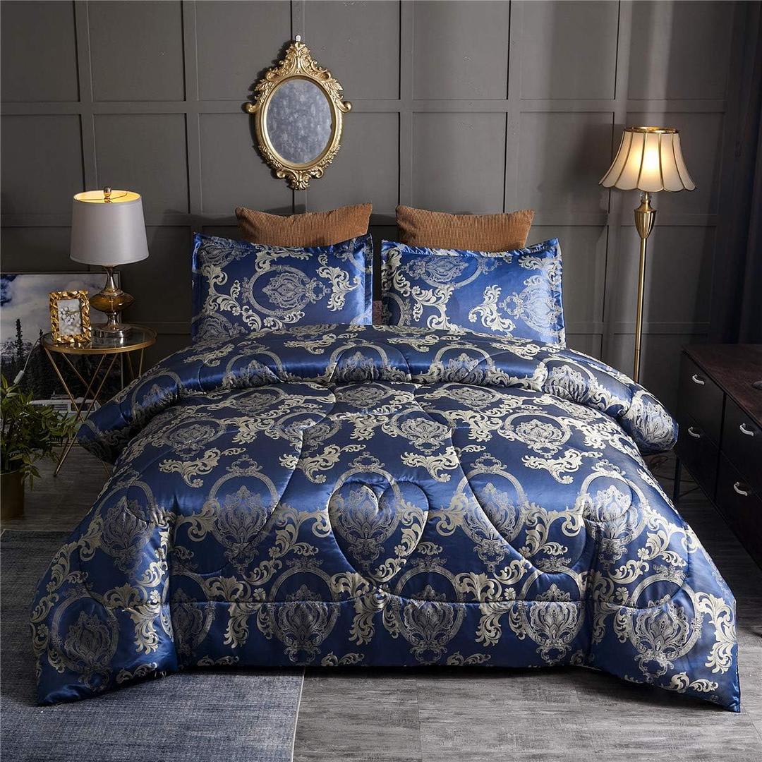 Comforter Set Satin Silk Blanket All Season Bed Luxury Royal Blue Jacquard Quilt Bedding Sets Matching 2 Pillow Shams (Queen, 88x88 inches, 3 Pieces)