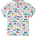 Little Bitty Toddler Dinosaur Shirt 2T Kids Boys Button-Down T-Shirts Boys' Short Sleeve One Pocket Woven Shirt, White 2-3Yrs / 2T