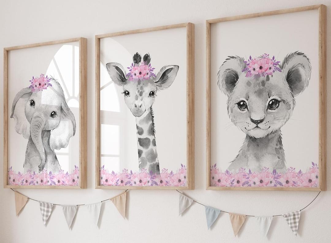 Safari Animals Baby Girls Nursery Set of 3 Unframed Wall Art Prints, Gray Baby Animals with Pink Flowers, Child Bedroom Nursery Decor Posters, Giraffe Elephant Lion (8x10)