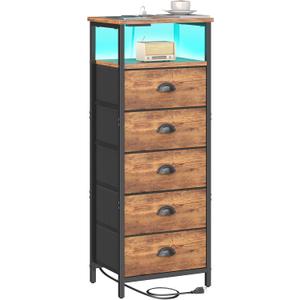 sthmec Nightstand with Charging Station,LED Night Stand with 5 Fabric Drawers, Bedside End Tables, 2-Tier Open Storage Shelf Side Table Nightstands with Drawers for Bedroom,Rustic Brown