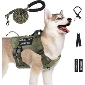 No Pull Tactical Dog Harness for Large Dogs, Escape Proof Molle Dog Vest Harness and Leash Set, Adjustable Military Service Dog Harness with Handle for Medium Large Dogs(Green, M)