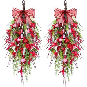 2 Pack 20'' Valentines Day Swag Wreaths for Front Door Valentines Teardrop Wreath Artificial Red Pink Heart Shaped Berries Hanger with Ribbon Gift Farmhouse Hanging Decor for Outdoor Window Wall (2)