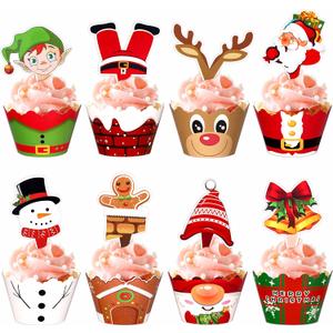 128 Pieces Christmas Cupcake Toppers Wrappers Party Supplies Favors - Snowman Santa Claus Reindeer Elf Gnome Gingerbread