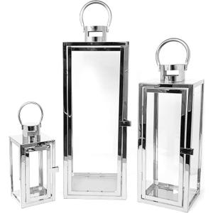 Allgala 2-PC Lantern Set 23 Inch Jumbo Deluxe Modern Indoor/Outdoor Candle Lantern Set Stainless Steel Frame Tempered Glass Rectangular Silver Chrome Color for Garden Poolside Fireplace Wedding. Glass piece missing
