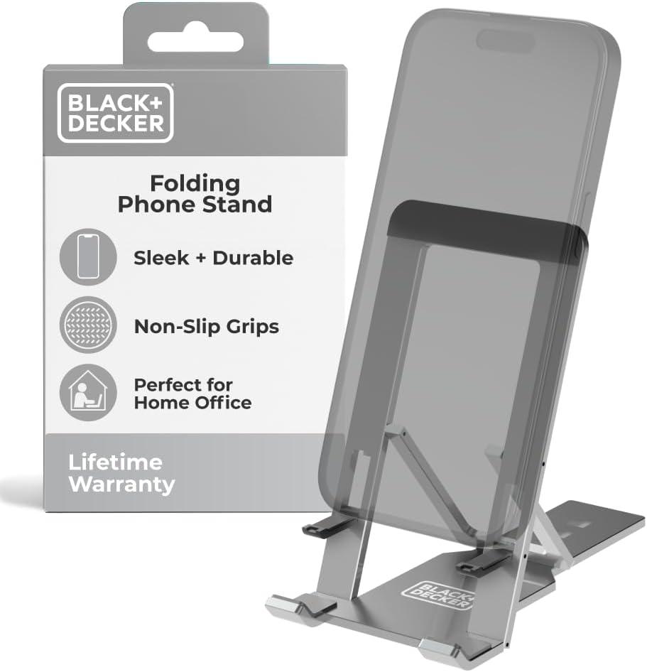 BLACK+DECKER Phone Stand for Desk - Folding Cell Phone Stand Holder - Adjustable and Portable, Folds Down Flat - for Office, Gaming, Bed, Travel - Phone Kickstand Compatible with iPhone (Silver)