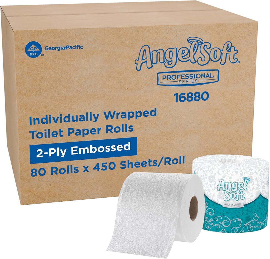 Angel Soft Professional Series by Georgia-Pacific PRO 2-Ply Embossed Toilet Paper, White, Individually Wrapped, 450 Sheets Per Roll, 80 Toilet Tissue Rolls Per Case, 16880, 450 Count