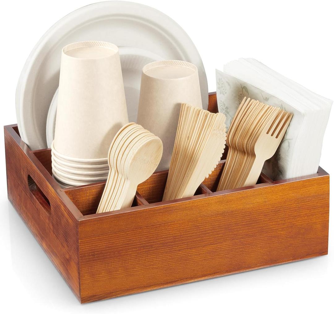 Wood Utensil Holder for Party, 6-Compartment Paper Plate Organizer with Handles, Wooden Silverware Caddy for Picnic, Camping, BBQ, Buffet, and Kitchen Countertop Organization, Brownish red