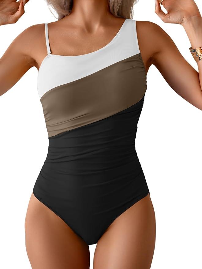 Aidonger One Shoulder One Piece Swimsuit for Women Color Block Bathing Suit, White Brown and Black, M