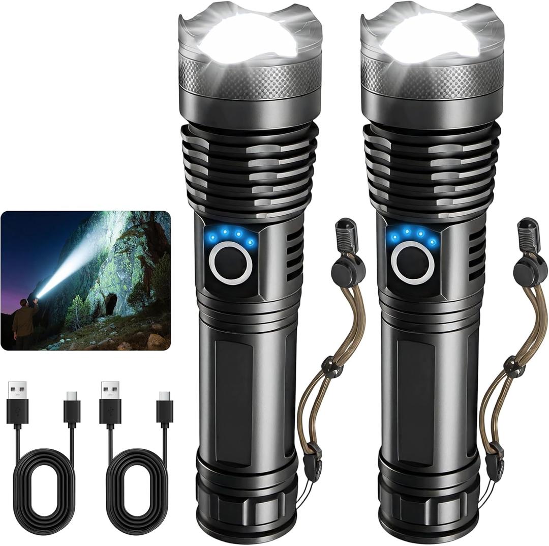 Rechargeable LED Flashlights High Lumens, Super Bright Handheld Flashlight Battery Powered with 5 Modes, Waterproof Powerful Zoomable Flash Light for Home, CampingEmergencies, Outdoor, 2 Pack