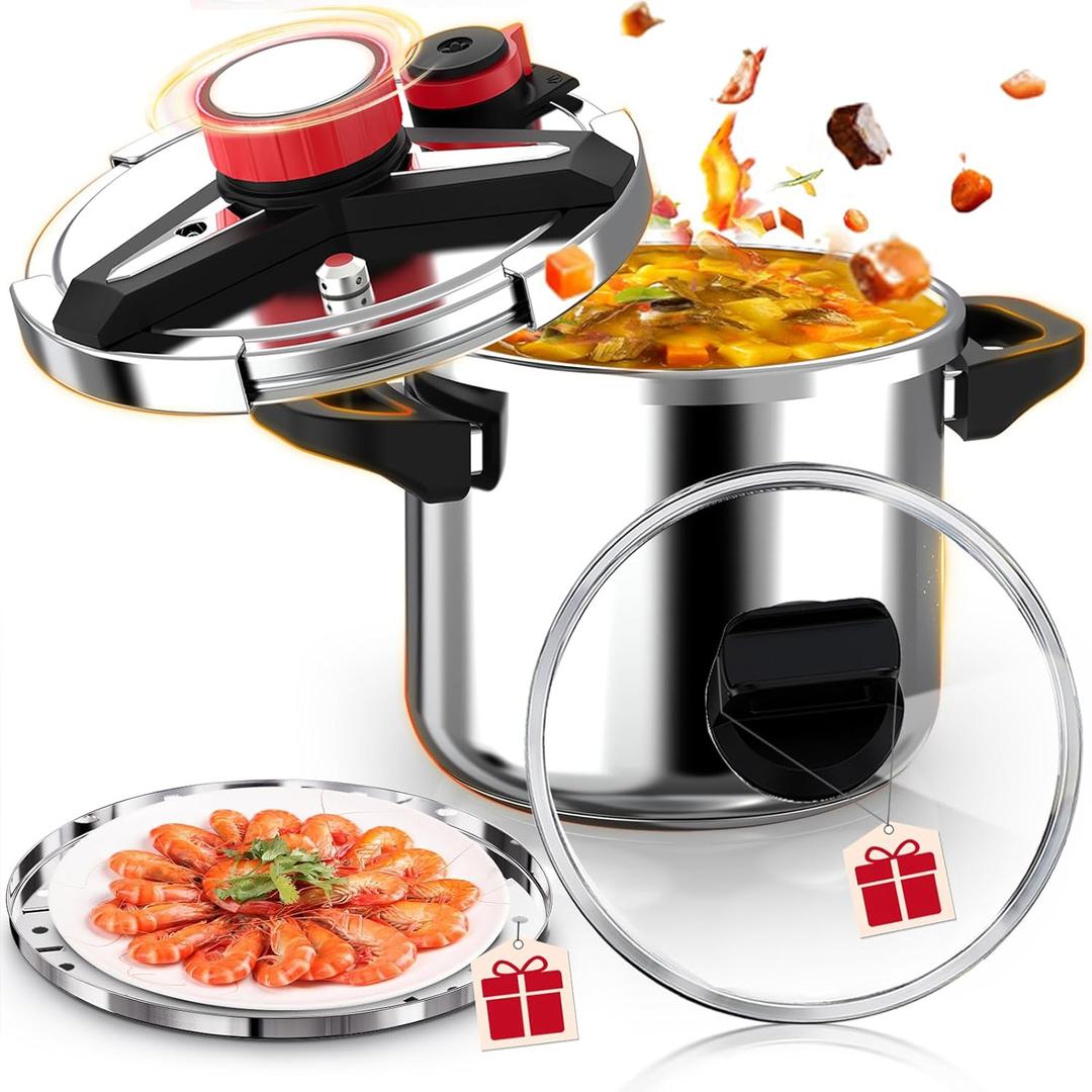 18/8 Stainless Steel Pressure Cooker 8 Qt, [One-Hand Locking] Pressure Cooker,[3-In-1] Olla de Presion, Induction,Gas Stovetop Compatible, Includes Glass Lid & Steamer Rack