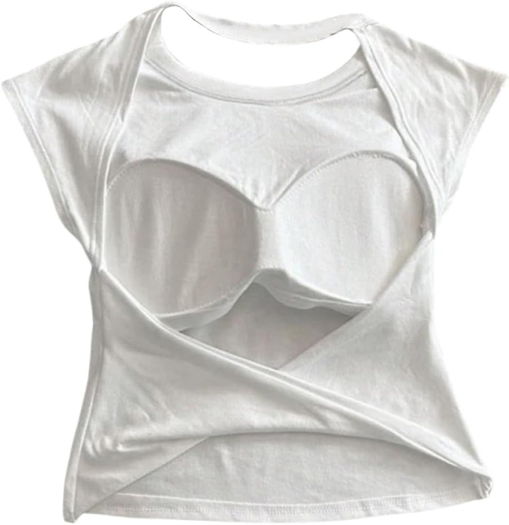 SOLY HUX Women's Twist Open Back Tank Tops with Built in Bra Sleeveless Crewneck Backless Summer Crop Top (Large, Plain White)