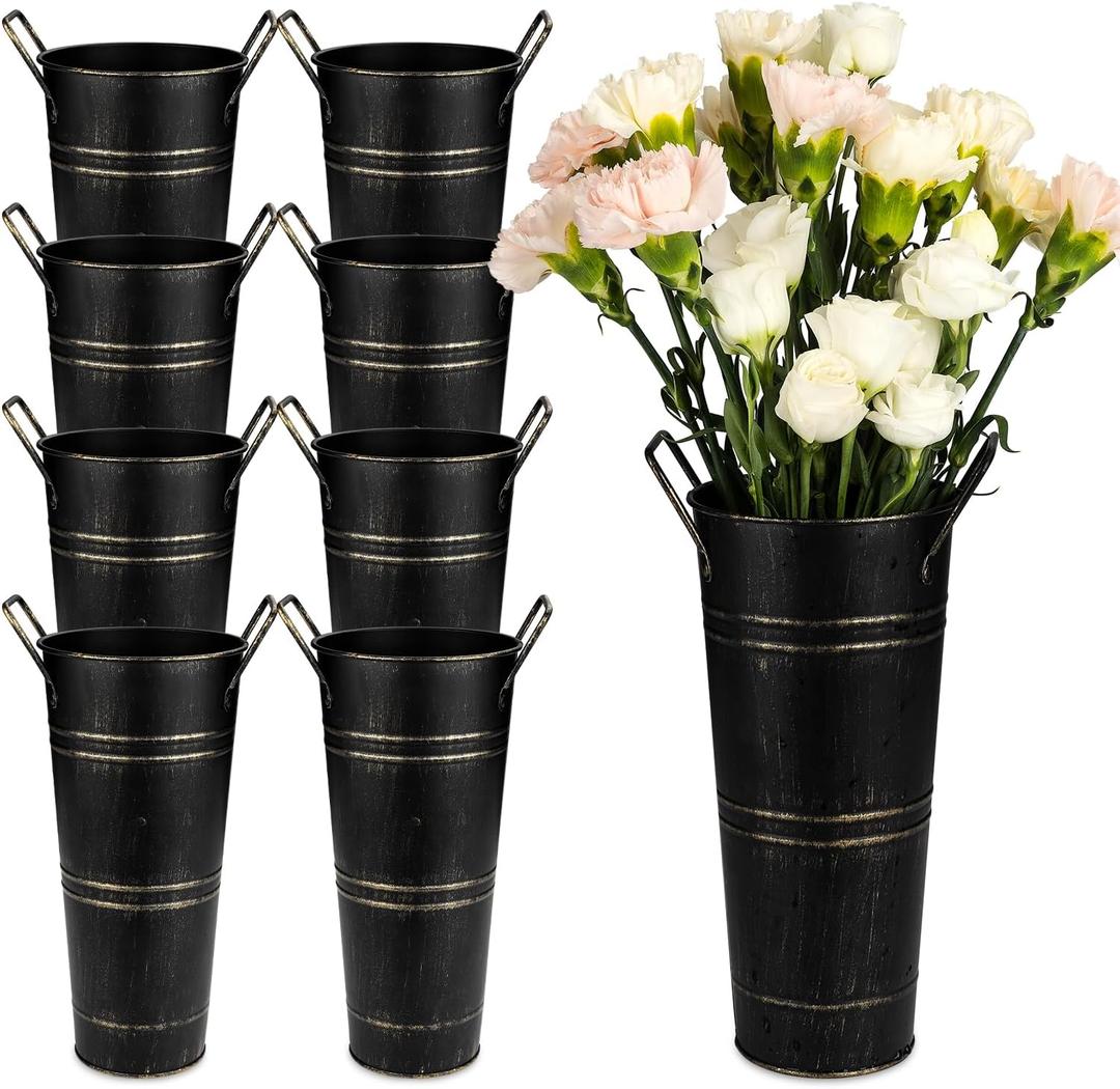 8 Pcs Galvanized Bucket Flower Bar, 9 Inch Flower Bucket and Metal Vase with Handles, Flower Bar Supplies and Buckets Farmhouse Vases for Wedding and Cut Flower (Black, 8 Pcs 9inch)