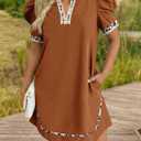 Wenrine Womens Puff Short Sleeve Mini Dress Casual V Neck Color Block Leopard Loose Beach Summer Dresses with Pockets (Brown)