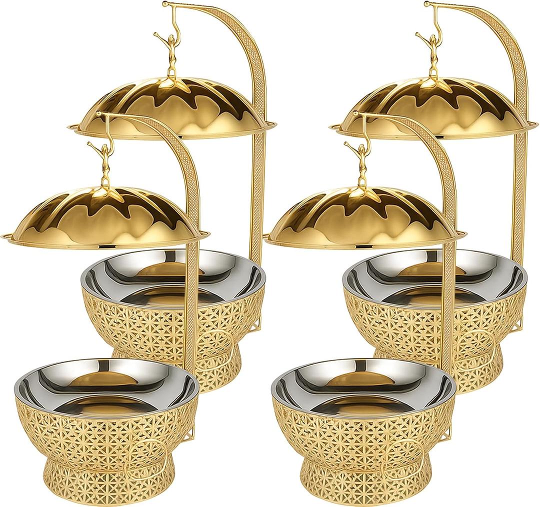 8QT Gold Luxury Chafing Dishes for Buffet 4 Pack Fancy Stainless Steel Chafing Dish with Hollow-Out Frame, Large Capacity Catering Chafer Set for Weddings, Parties, Banquets (4)