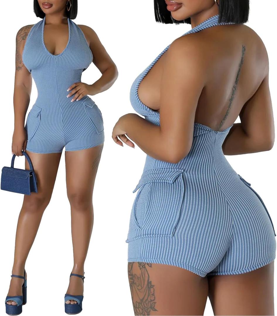 Molilove Women's Sexy Short Jumpsuits V Neck Sleeveless High Elasticity Short Rompers with Pockets Bodycon One Piece Outfits (XX-Large, Blue)