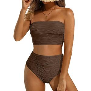 High Waisted Bandeau Bikini Set - Women Strapless Two Piece Swimsuits Ribbed Longline Full Coverage Bathing Suits Swimwear , L Brown