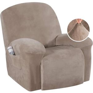 H.VERSAILTEX Real Velvet Recliner Couch Cover Stretch Slip Cover for Recliner Chairs 1 Piece Non Slip Covers for Recliner Chair with Pocket, Washable Reclining Chair for Kids, Pets (Recliner - Taupe)