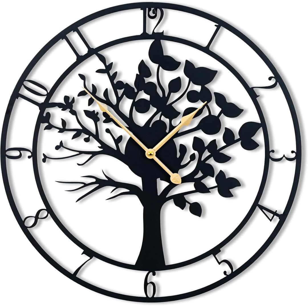 16 Inch Large Metal Wall ClockTree of Life Large Wall Clocks for Living Room Decor,Bedroom,Battery Operated,Black,Decorative Analog,Silent,Non Ticking Big Wall Clock(Tree of Life, 16 inches)
