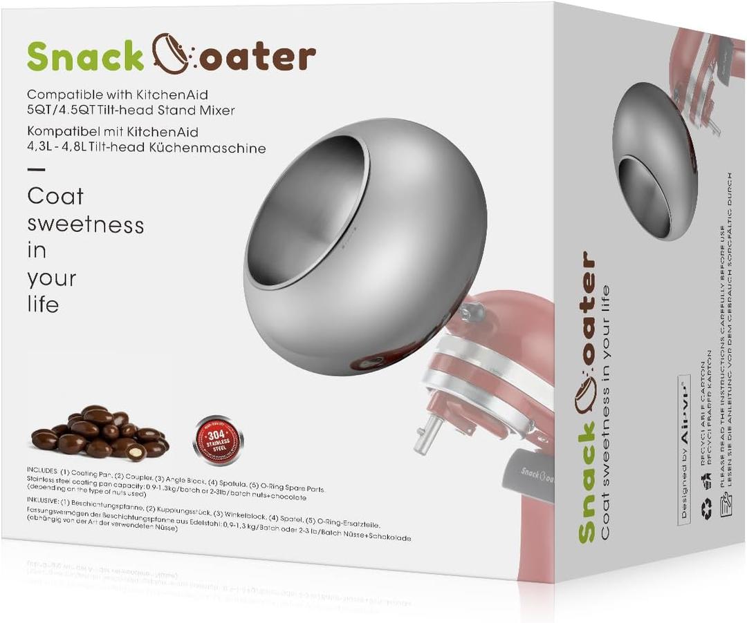 Aieve Snack Coater Compatible with KitchenAid Tilt-Head Stand Mixer for Making Chocolate Covered Almonds, Pistachio, Peanut, Freeze Dried Strawberry, Raisin, Macadamia Nuts and Blueberry (Regular Size for Tilt-Head Stand Mixer)