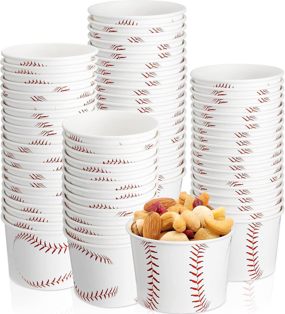 Baseball Party Treat Snack Bowls 9 oz Paper Ice Cream Cups Disposable Dessert Bowls Soup Cups for Baseball Themed Birthday Game Carnival Decorations, Hot or Cold Food, Sundae, Yogurt(50 Pcs)