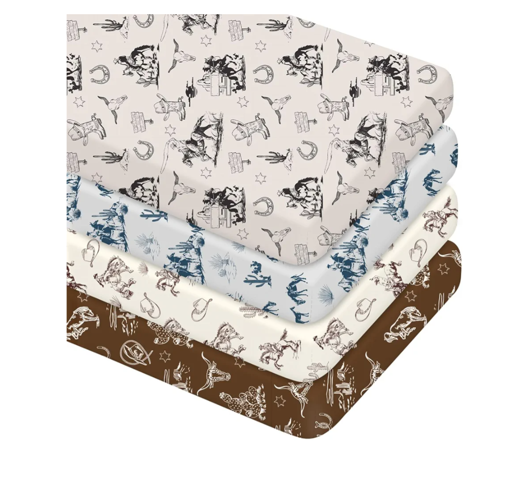 VitalCozy 4 Pcs Vintage Western Cowboy Crib Sheet Set Newborn Bedding Nursery Baby Sheets for Girl Boys Baby Gifts for Standard Crib and Toddler Mattresses, 52 x 28 x 8 Inches
