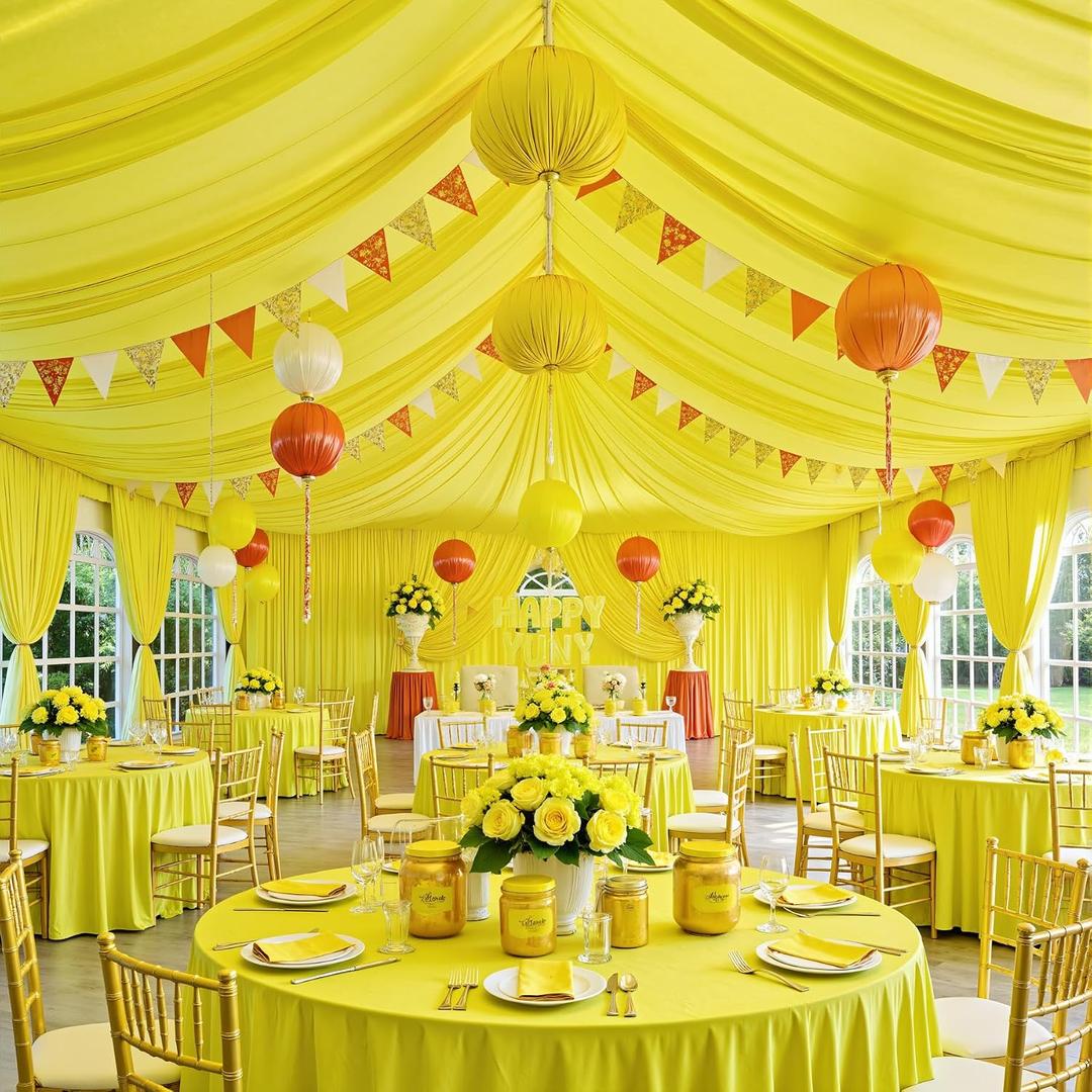 50ftx40ft Light Yellow Ceiling Curtain for Wedding Parties | 10 Panels Wrinkle-Free 40 FT Long Tent Draping Curtains for Wedding, Birthday & Theme Parties, 40ft Height with Rod Pocket
