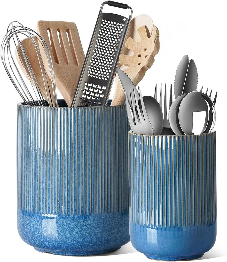 LE TAUCI Utensil Holder for Kitchen Counter, 7.3"+5.4" Fluted Ceramic Utensil Crock Organizer for Countertop, Heavy Large Holder for Spatulas, Spoons, Set of 2, Blue Marble