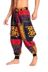 Men's Aladdin Hippie Harem Pants Loose Cotton Linen Drop Crotch Trousers Casual Baggy Elastic Waist Yoga Pants (30)
