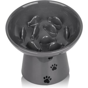 Y YHY Slow Feeder Cat Bowl, Ceramic Cat Slow Feeder Bowl, 6 Inches, Elevated, Anti Vomiting for Dry and Wet Food, Gray