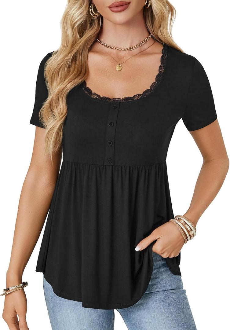 Rooscier Women's Scoop Neck Short Sleeve Tunic Flowy Babydoll Blouse Casual Peplum Top, Large