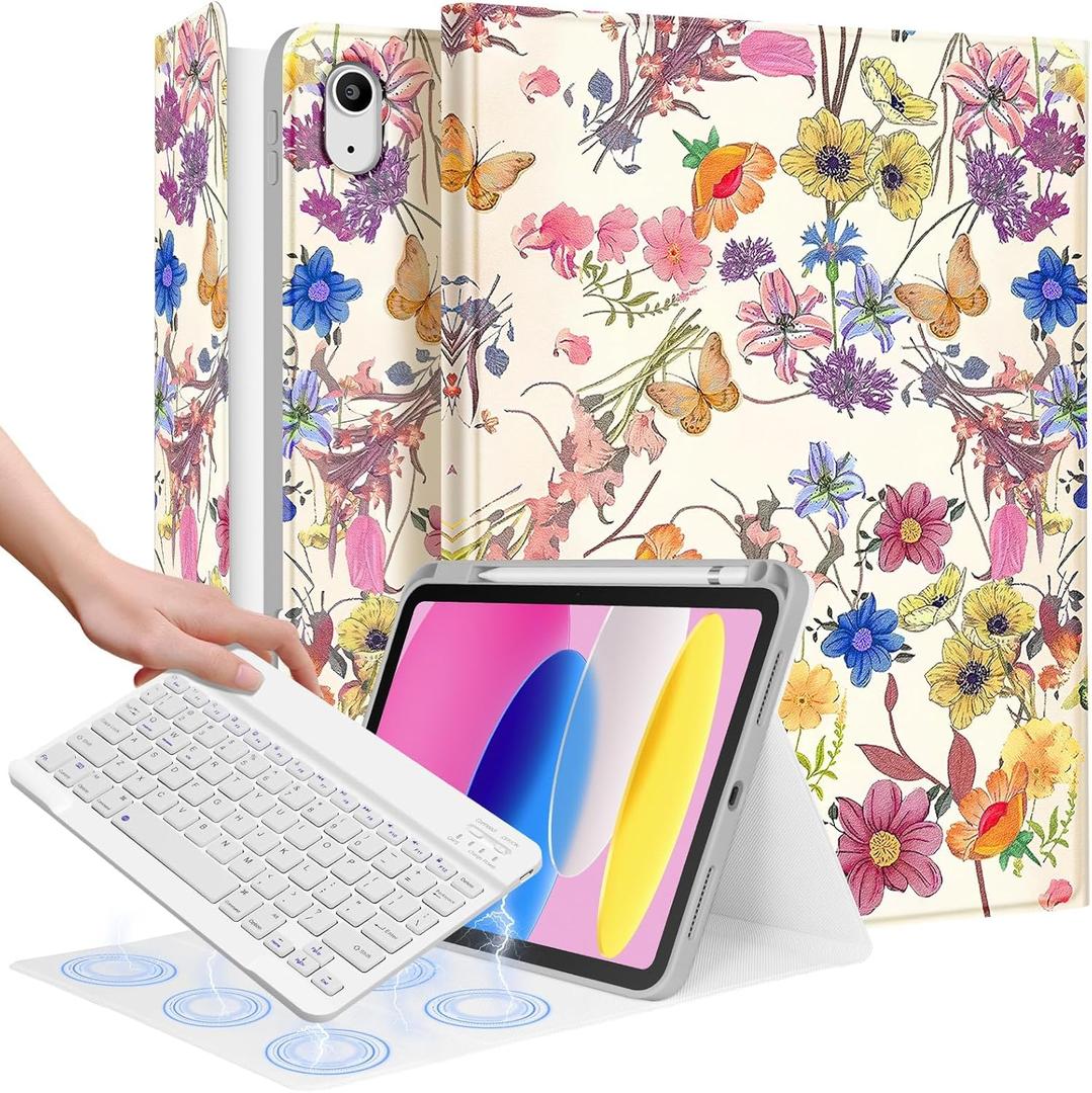 Wazzasoft for iPad 10th Generation Case with Keyboard - for iPad A16 Cases Pencil Holder 10.9 Inch Cover Women Girl Cute Girly Butterfly Flowers Design Funda for Apple Tablet 10th/11th gen