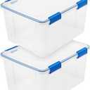 IRIS USA WeatherPro 44 Qt Storage Bins with Lids, 2 Pack, BPA-Free Plastic Gasket Box with Tight Latch and Seal, Stackable Nestable Tote Tub - Clear/Blue