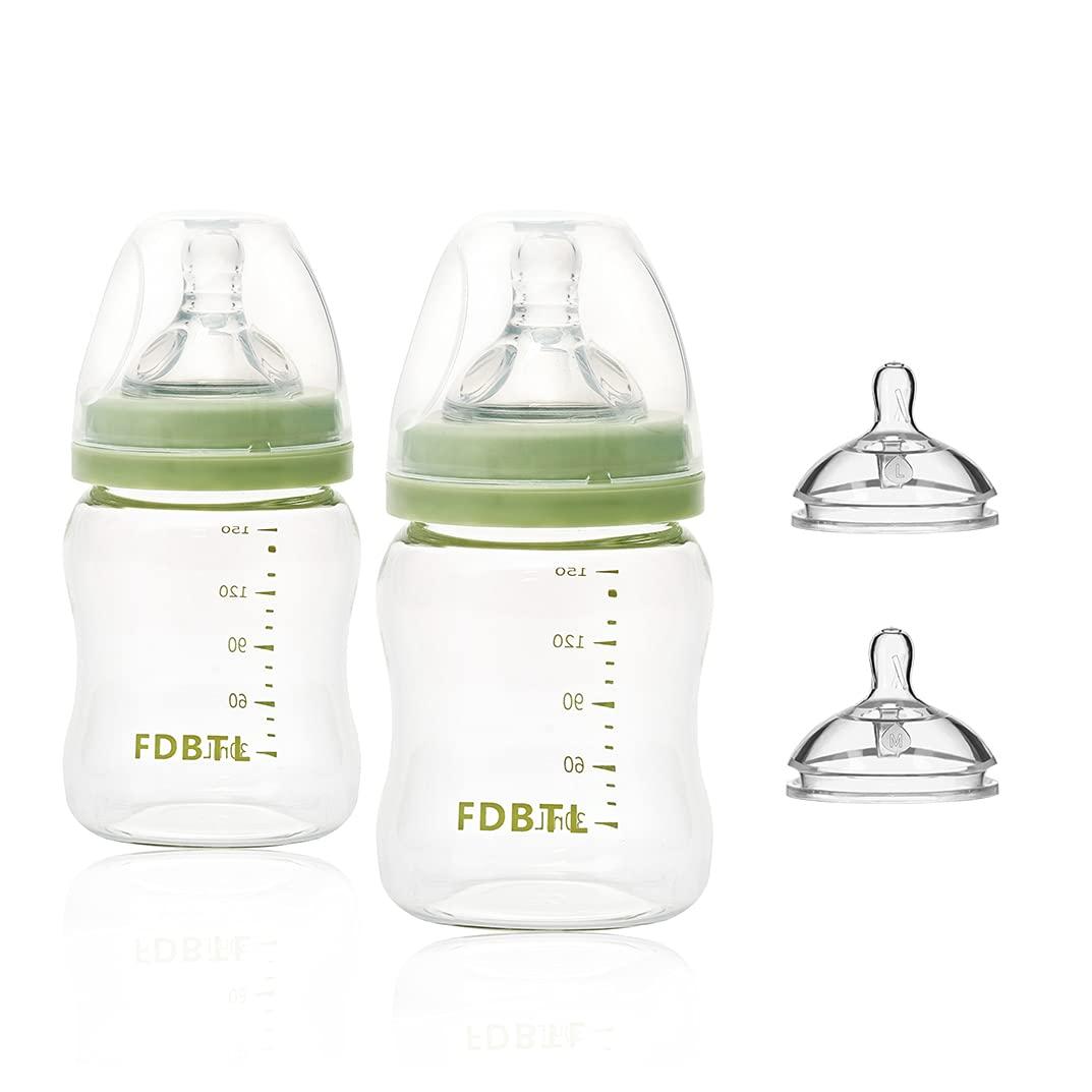 Baby Bottle Glass Wide Neck, Closer to Breastfeeding, Slow Flow Nipple, Anti-Colic, 4 Ounce, 2 Count (Green)